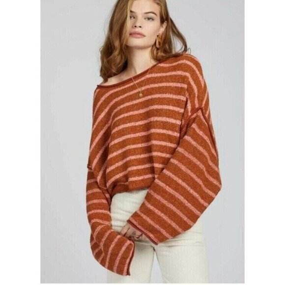Free People Bardot Stripe Boho Cropped Long Sleeve Sweater Brown Motif Small - Picture 1 of 10